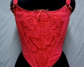ON SALE-- c. 1770 Colonial American Revolution Corset in Cranberry Embroidered Linen