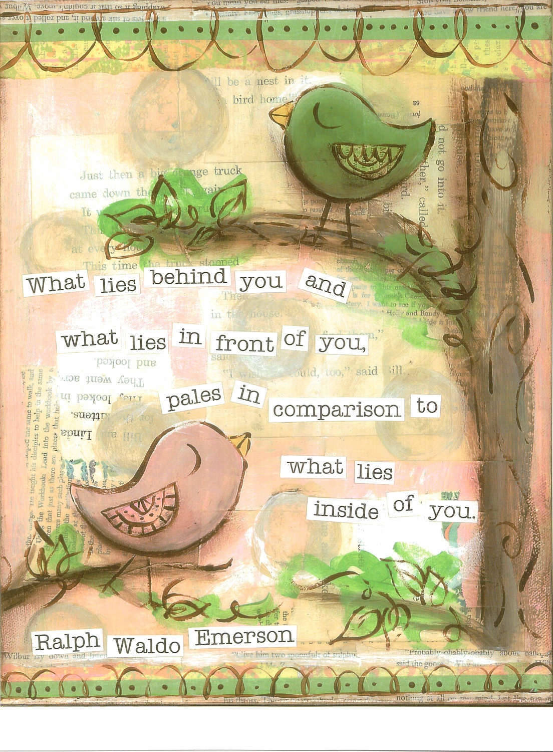 Inspirational Art, What Lies Inside of You Birds in pink, Ralph Waldo Emerson, 8 x 10 Fine Art Print