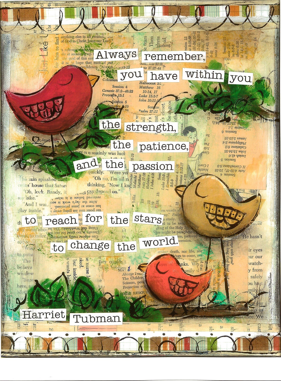 Inspirational Art, Reach for the Stars Birds in primary colors, Harriet Tubman, 8 x 10 Fine Art Print