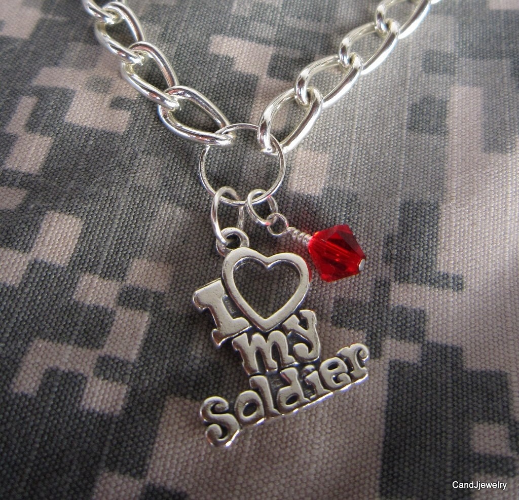 I Love my Soldier Heart Necklace with Red Swarovski Crystals