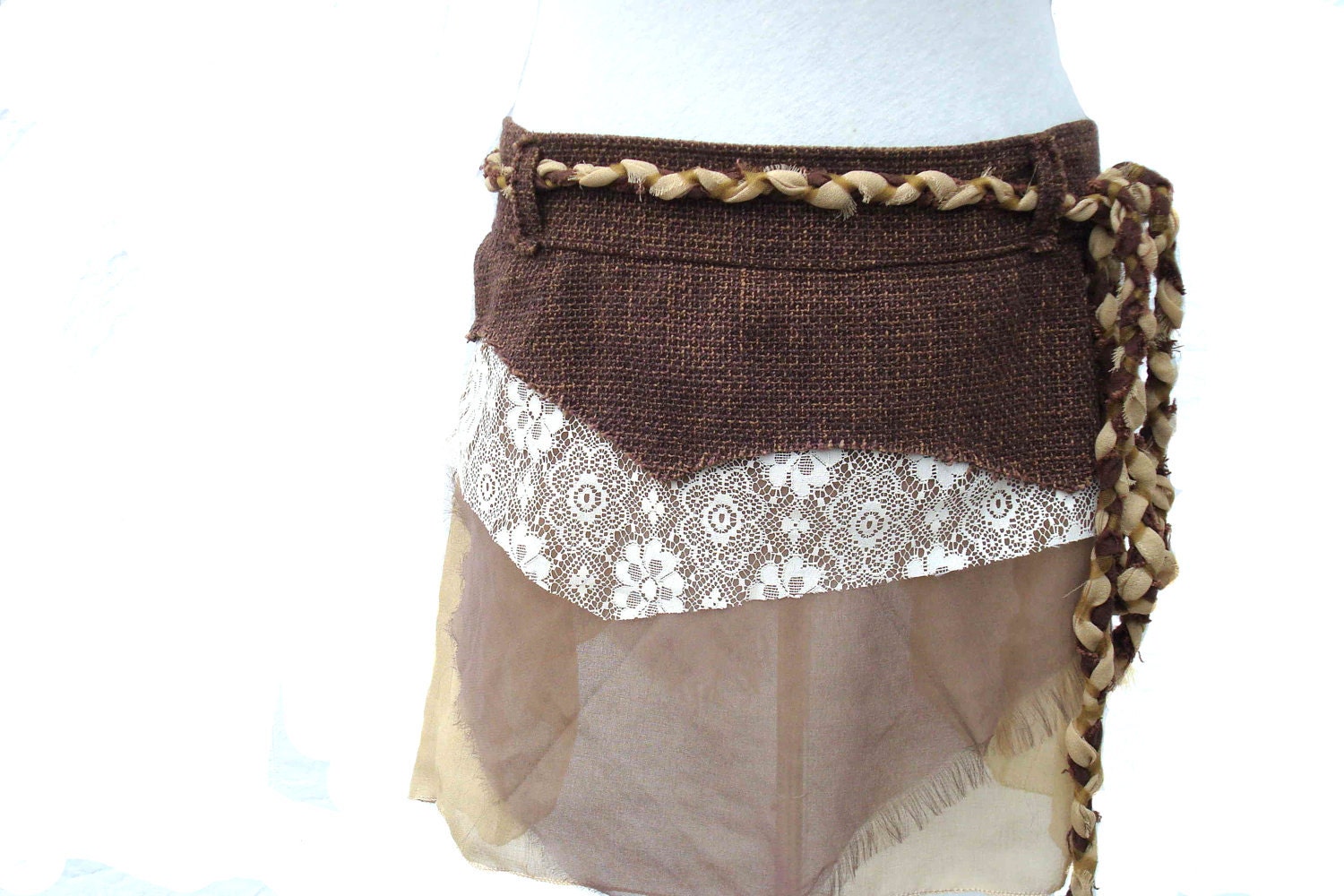 Tattered Skirt with Tweed, Lace & Sheer - OOAK - Size 2 - 6