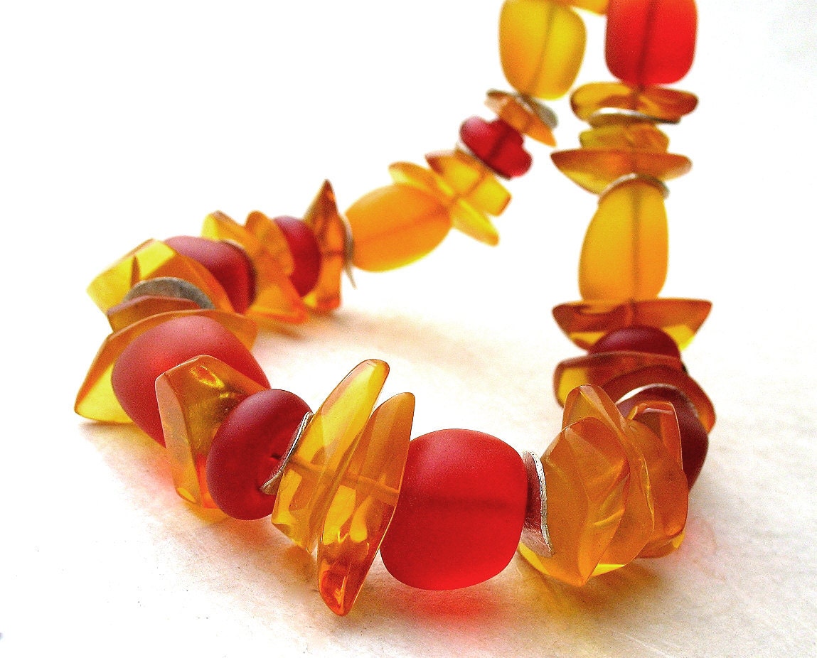 Genuine Vintage Amber Beaded Necklace, Sterling Silver, Red Orange Tangerine Yellow Beach Glass Nuggets