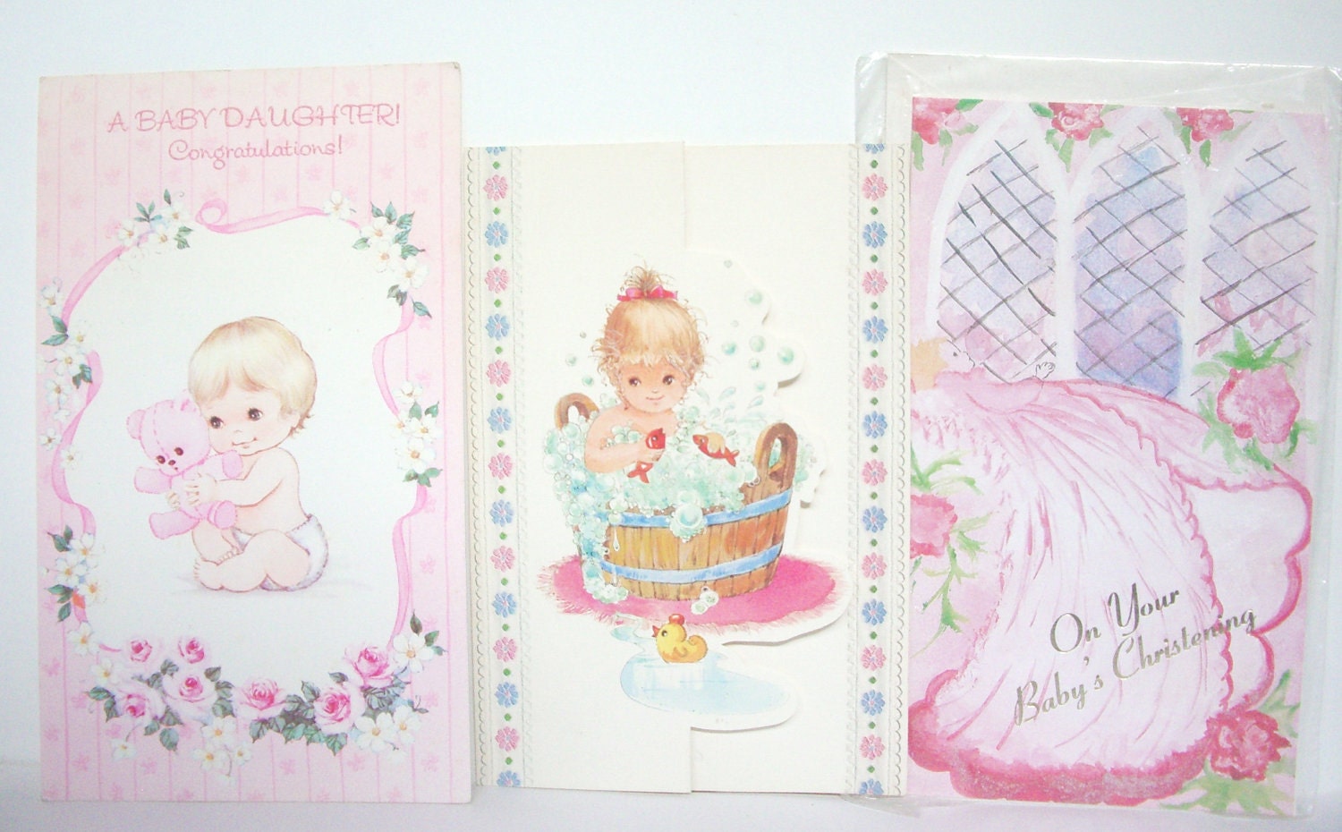Papergoods. Cards. 3 Blank Vintage Baby Cards . Baby Girl Cards . Collectables. Altered Art. Scrapbooking