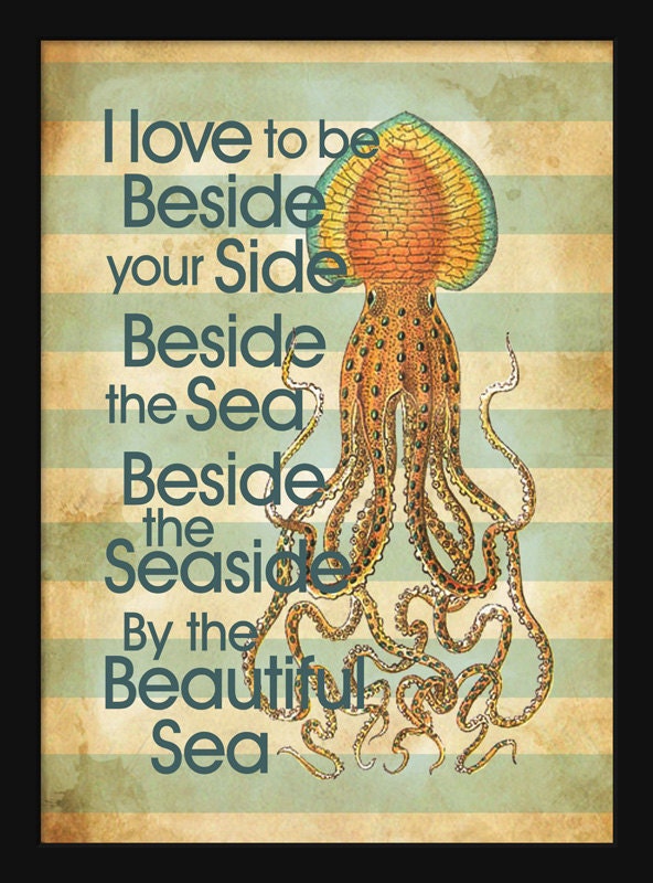 By The Sea, 5x7 digital print, summer, sea, squid, beach home decor, typography