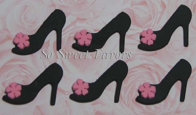 Fashion Diva edible cupcake toppers - Black with pink blossom high heel shoes