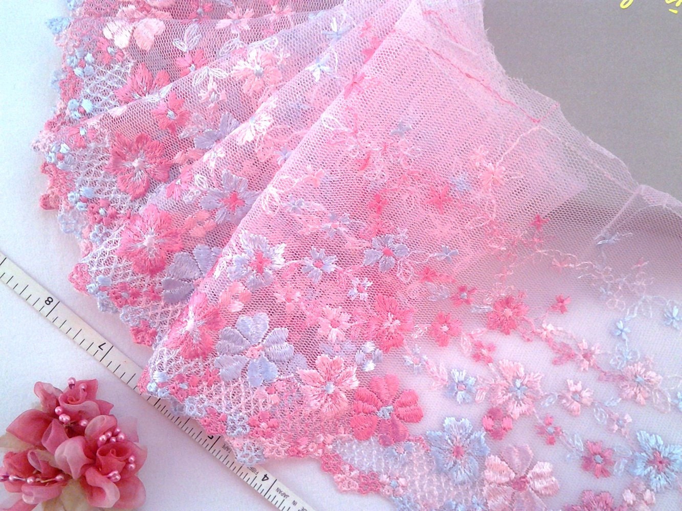Embroidered lace Embroidered tulle lace Embroidered net fabric Bridal lace Pink lace 2 yards VT003