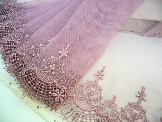 Embroidered lace, antique violet tulle net trim 1 1/2 yards VT076