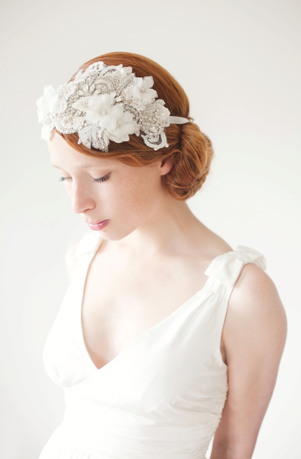 Bridal Fascinator, Head Piece, Rhinestone Hair Piece, Wedding Hair Accessory, ivory, silver, velvet - Heart Whispers