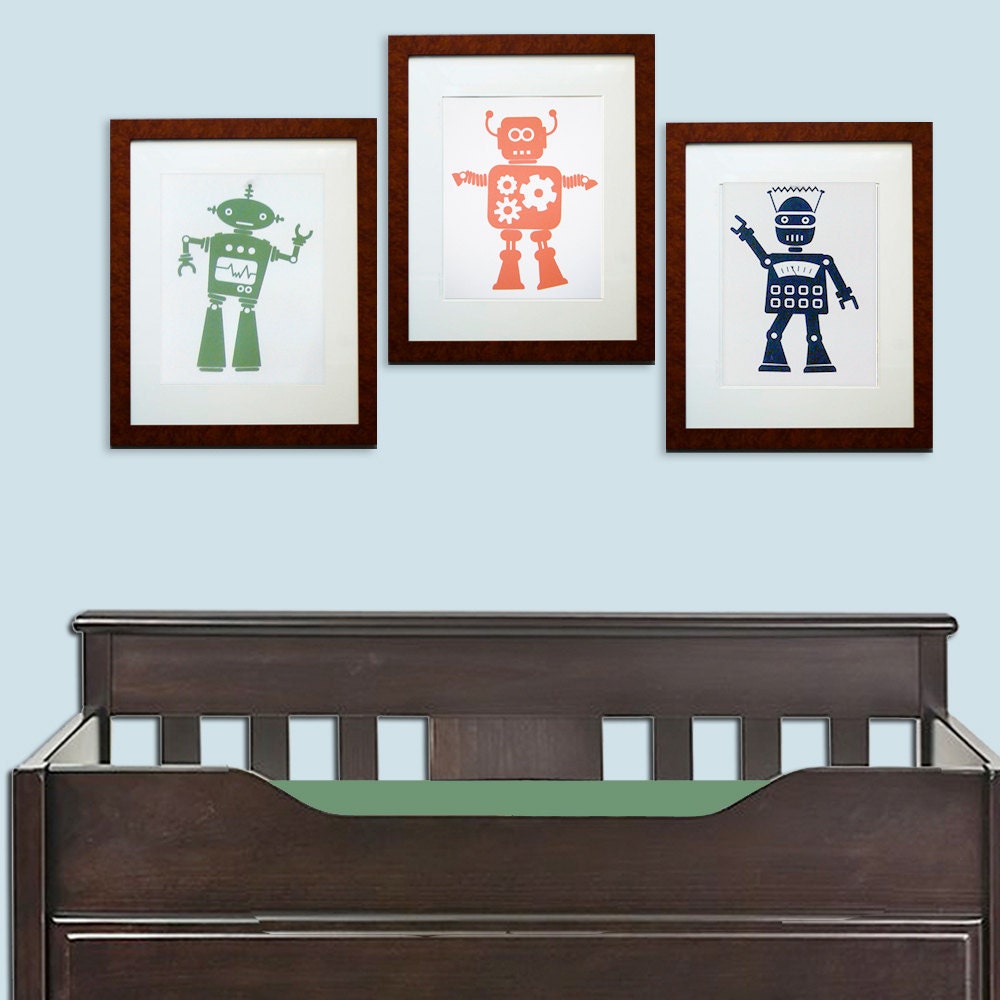 Robot Art - Set of Three - green, orange, navy on paper - handprinted.