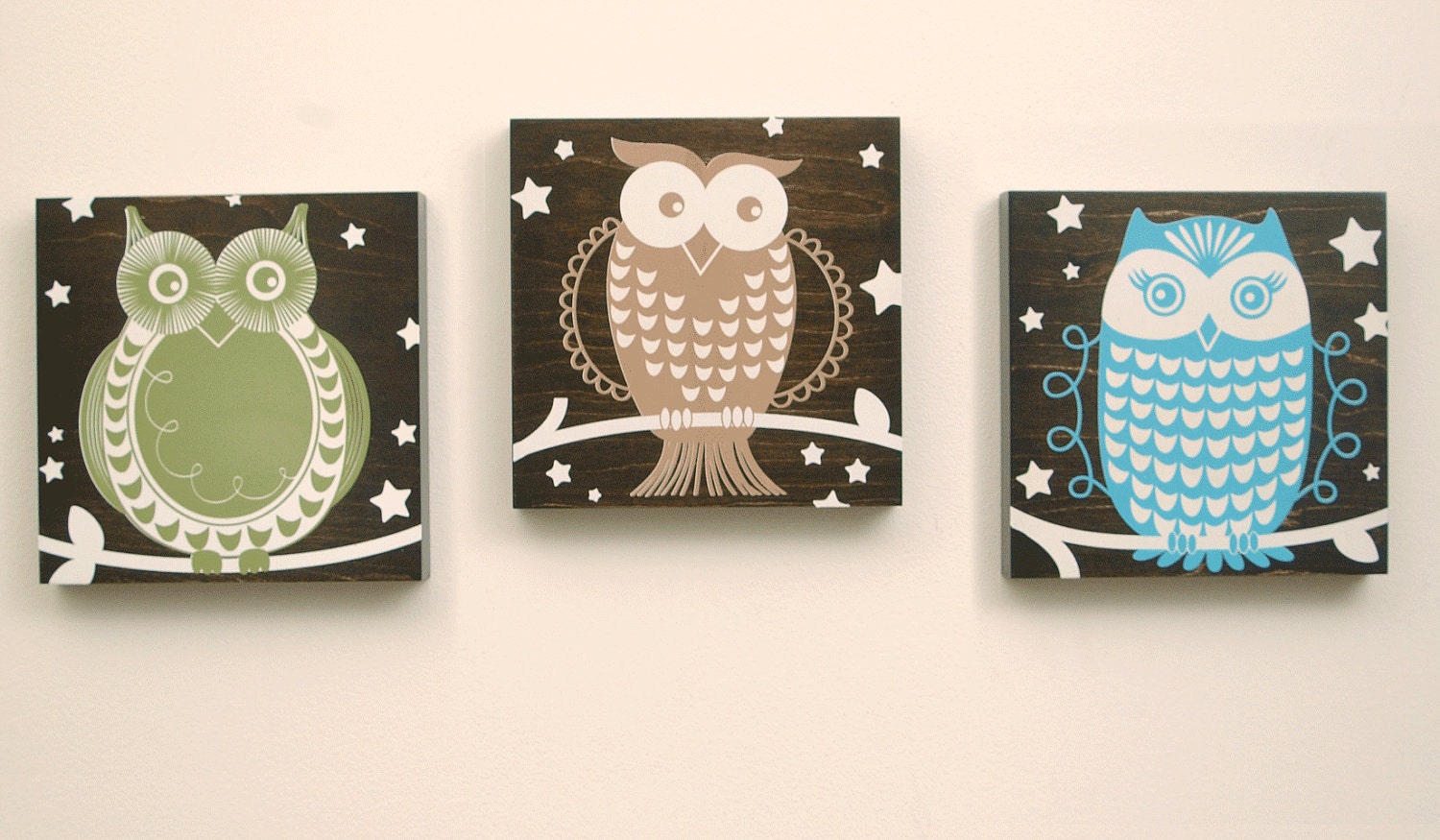 Owls Art - set of 3 on wood - custom choose your own colors
