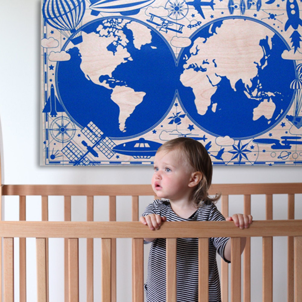 Airplanes Space The World for Your Nursery - Flying Around the World - Large print on Wood