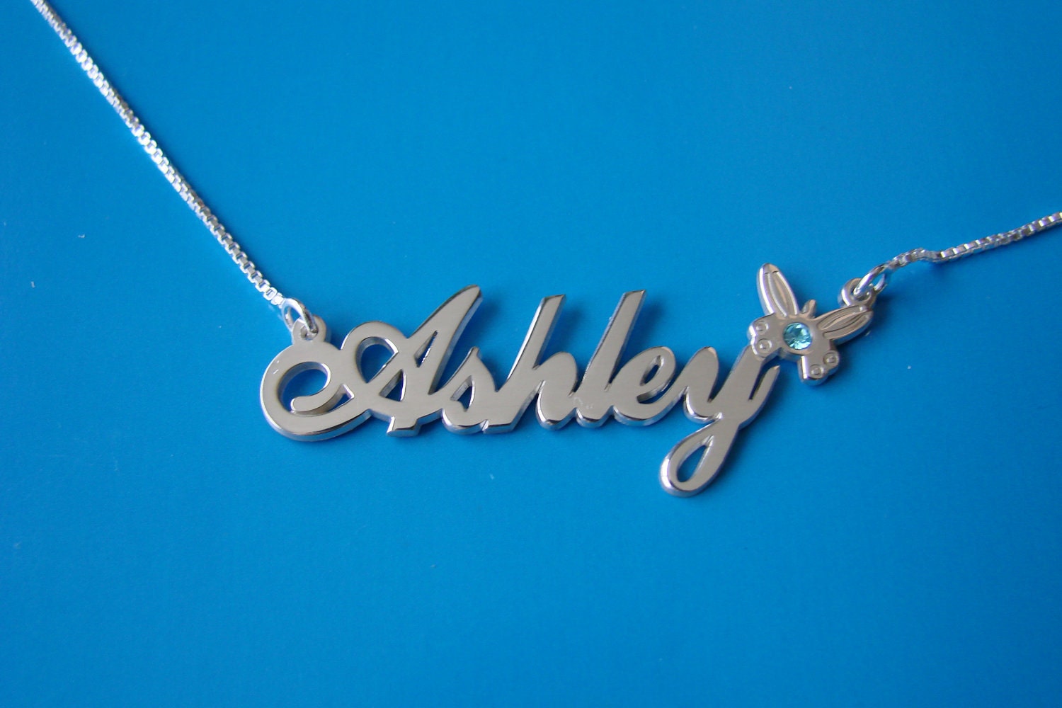 Silver Name Necklace with Swarovski Birthstone in Butterfly, double thick silver, names up to 13 letters