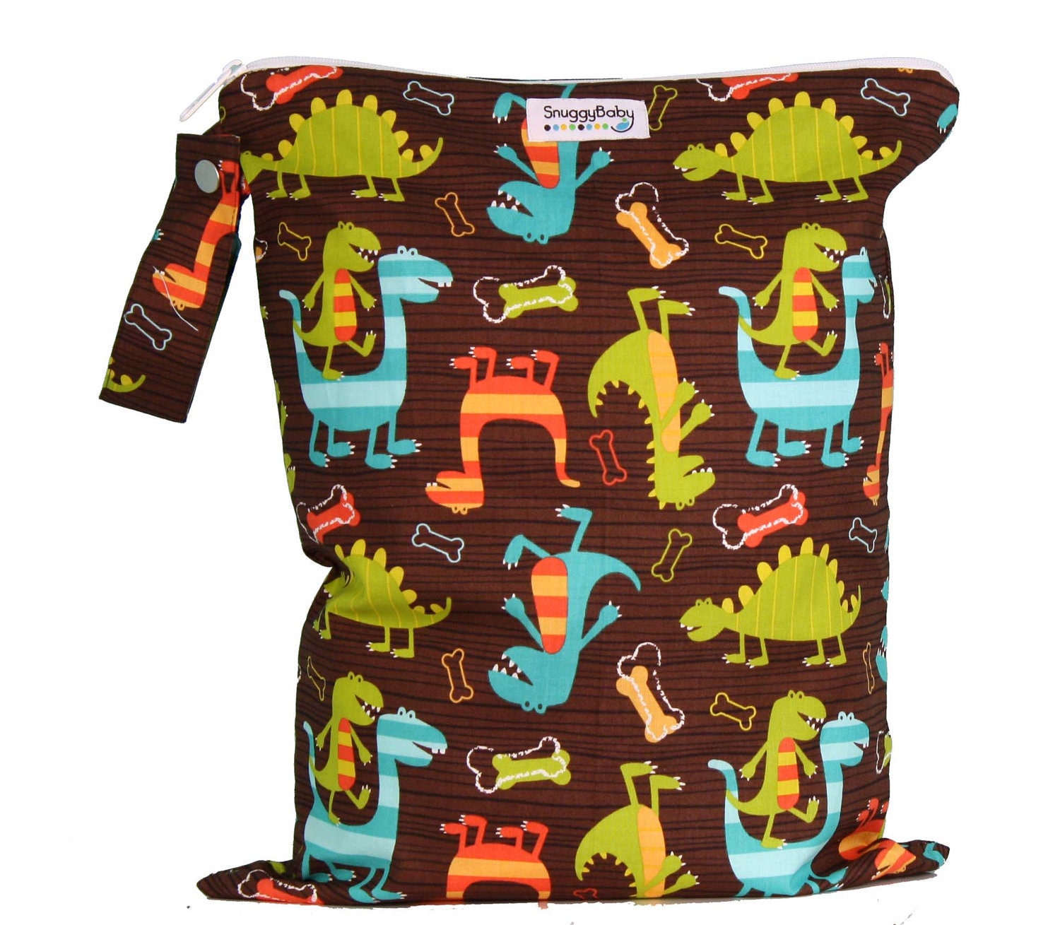 Large Wet Bag with Waterproof Lining  and Snap Open Handle - Dino Dudes - FAST SHIPPING