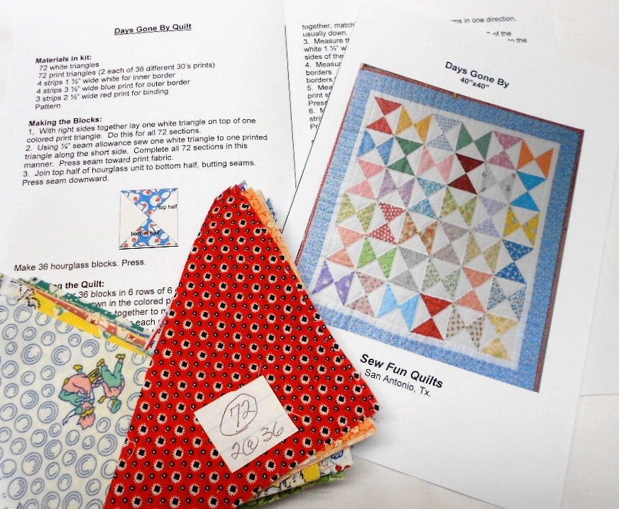 Quilt Kit Repro Fabrics - Pre Cut Hourglass Blocks - Ready to Sew Quilt Kit - Easy, Fast