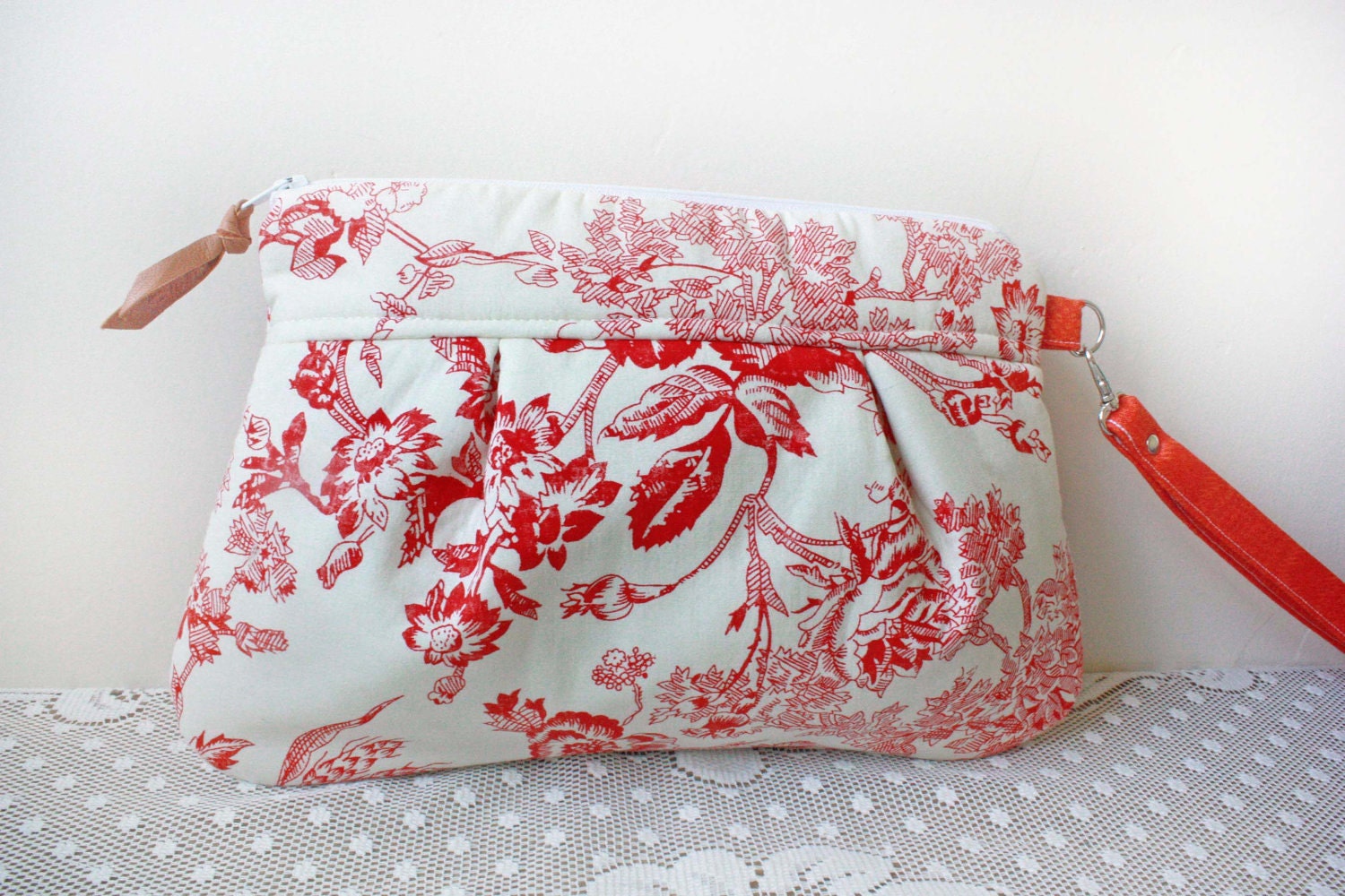 Save 10% w/ promo code--Kitt Wristlet/ Pouch/ Makeup Bag in Coral Red/Natural Toile Print--Ready to Ship--