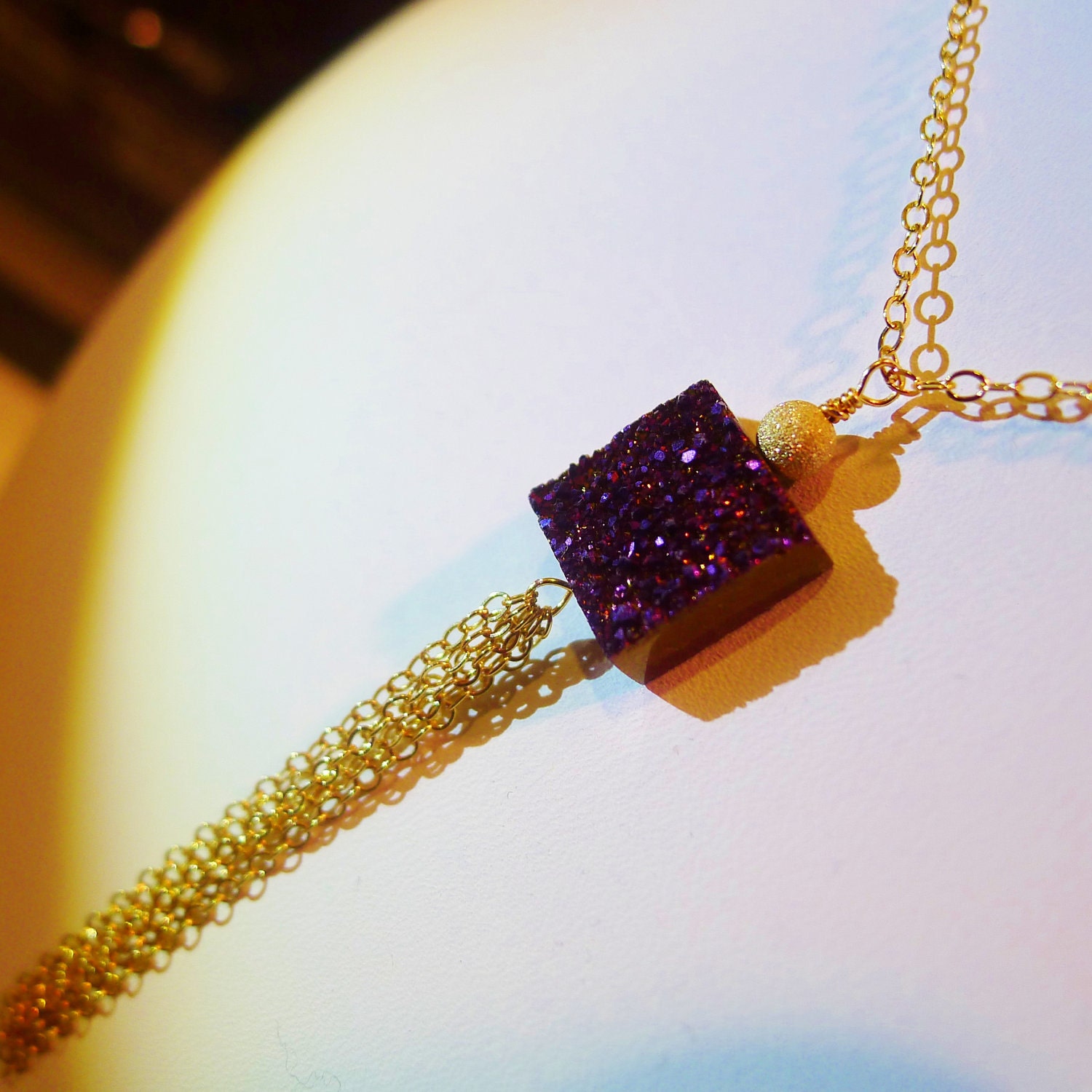 Purple Cubic Drusy Quartz Necklace in Gold