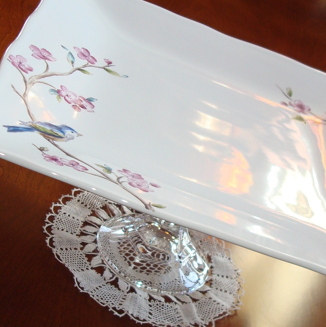 Bluebird and Blossoms Dessert Plate Pedestal No. 060 (11 x 5 inches) - makingtimetc