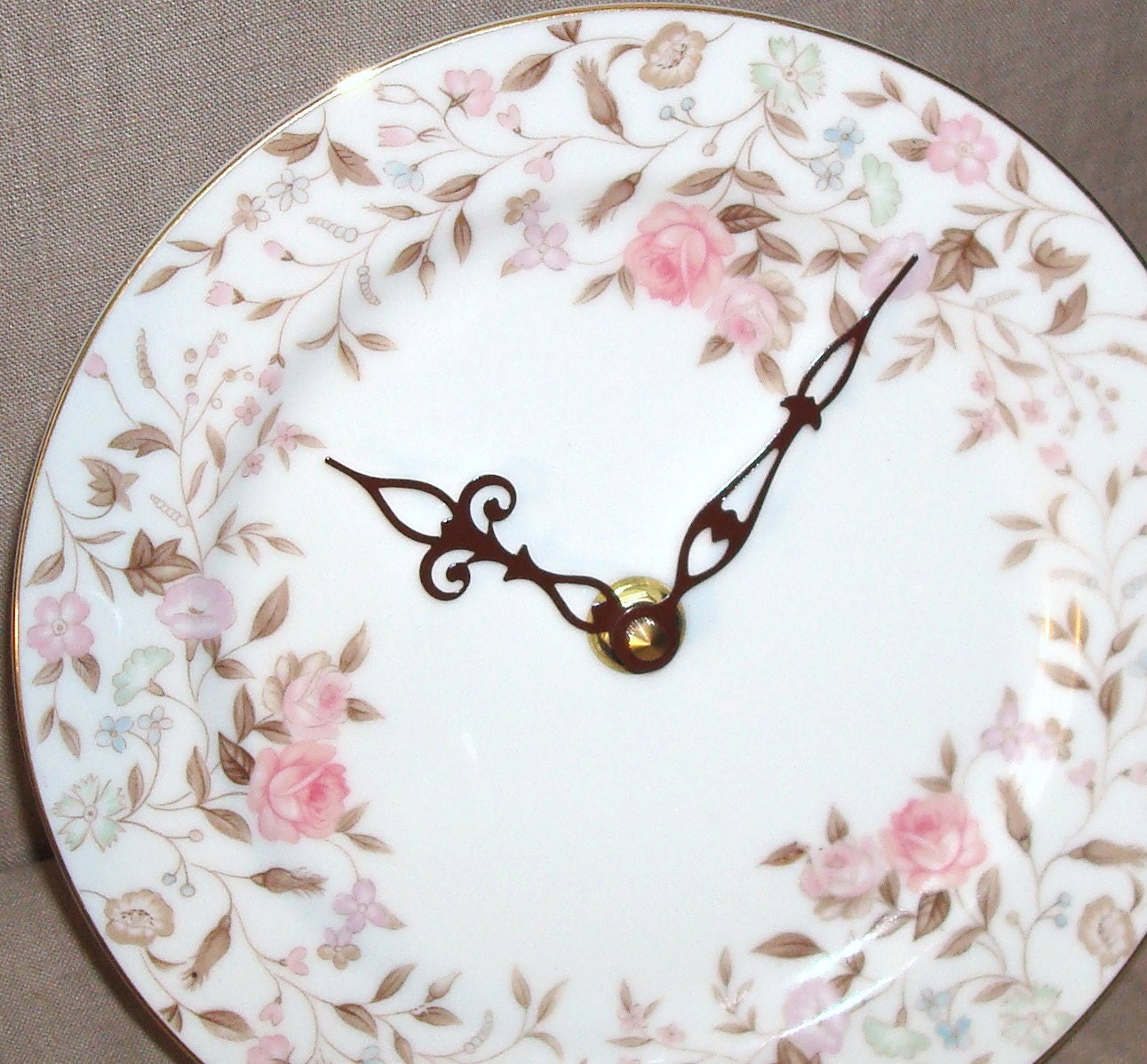 Wall Clock - Pink and Brown Floral on White Porcelain Plate Wall Clock No. 782 (7-3/4 inches)