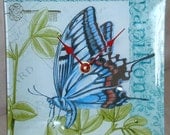 ON SALE - Wall Clock - Blue French Butterfly Glass Plate Wall Clock No. 784 (8-1/2 inches)