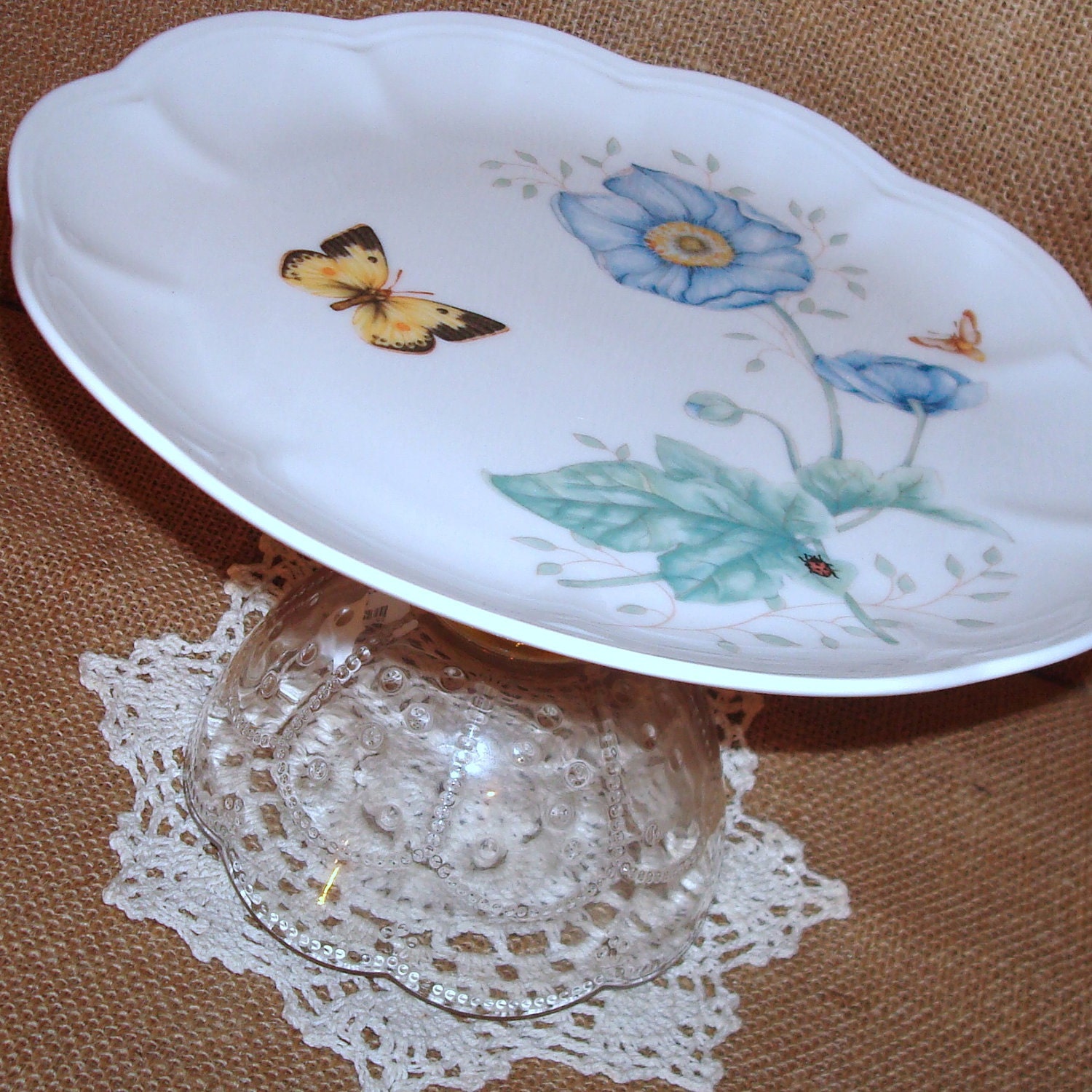 ON SALE - Butterfly and Floral Dessert Pedestal Cupcake Stand Plate Pedestal No. 094 (9 x 5-1/2 inches)
