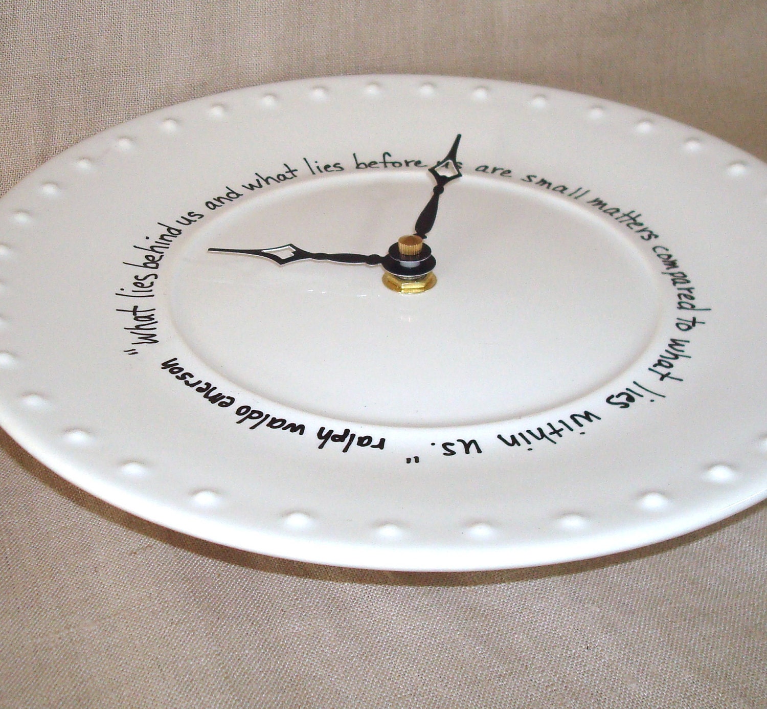 ON SALE - Wall Clock - Black and White Quote What Lies Behind Us Ceramic Plate Wall Clock No. 822 (9 inches)