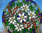 Dragonflies and flowers Stained glass window Cling