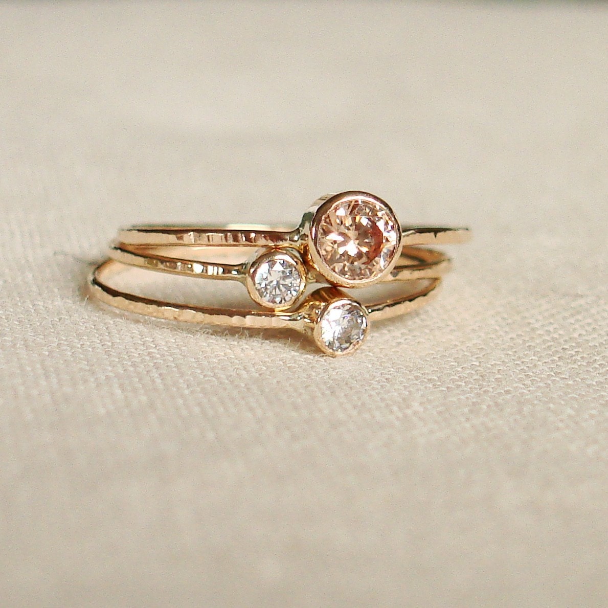 BACKORDERED - Sparkling Threads of Gold - Set of Three Tiny Stack Rings with 14k Gold Set Faceted Stones - Delicate