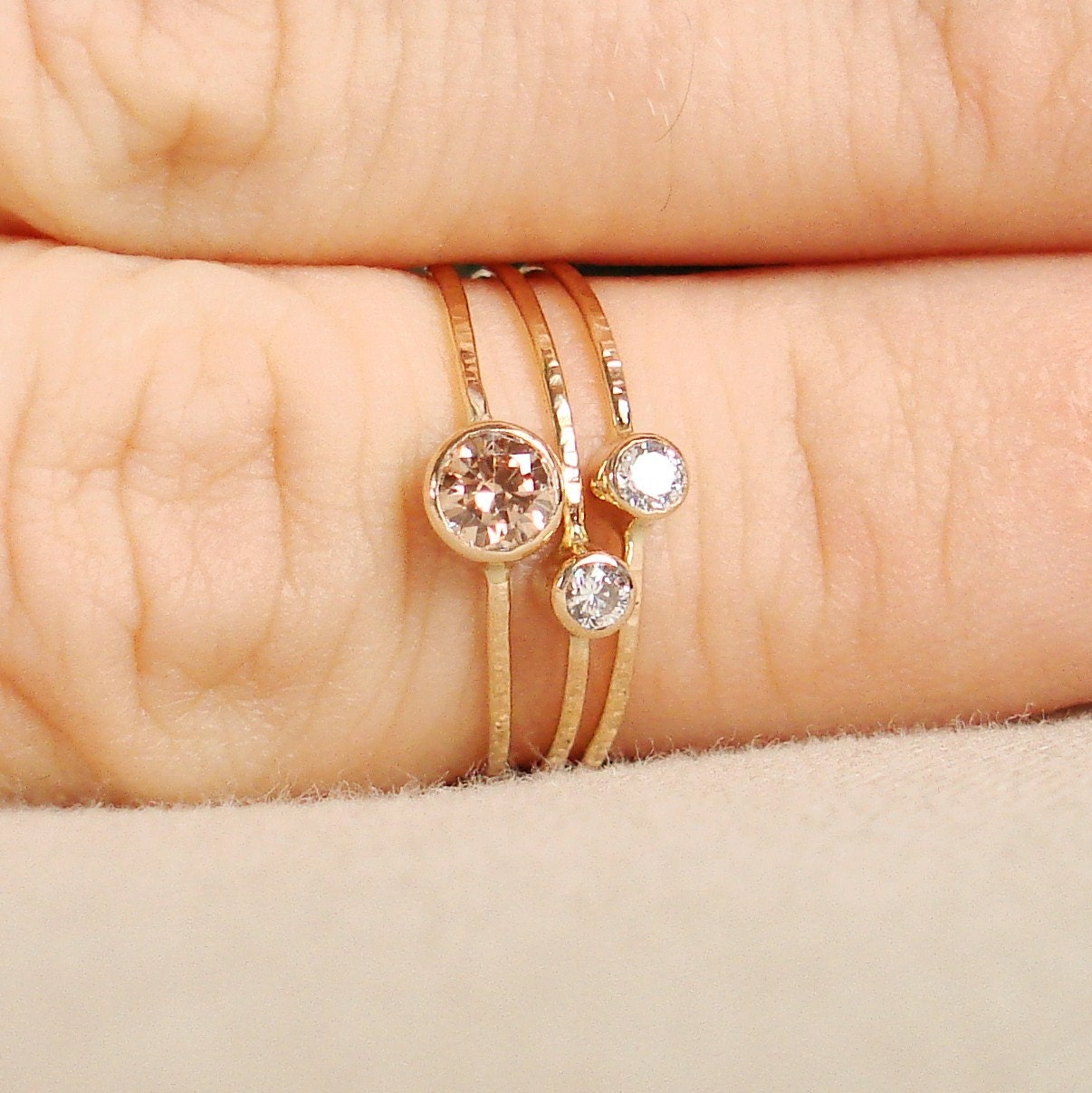 Choose Three Stones for your Sparkling Threads of Gold - Set of Three Tiny Stack Rings with 14k Gold Set Faceted Stones - Delicate