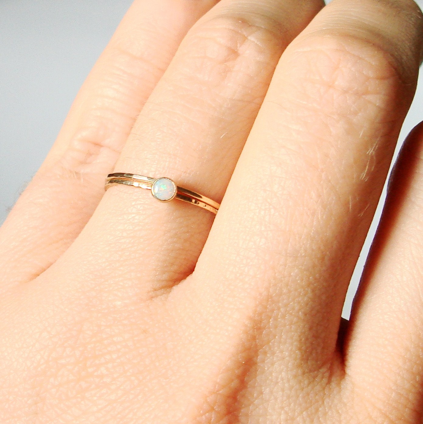 White Opal on a Thread of Gold - Simple Stacking Ring - Flashing Colors in a Tiny Fiery Stone - Delicate Jewelry