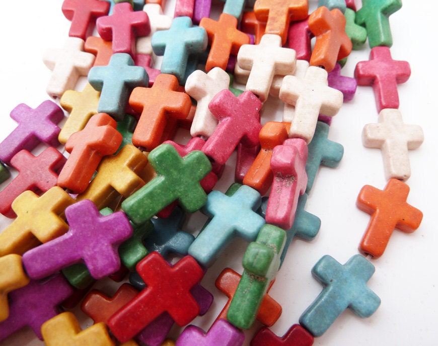 Cross  Beads, 12 x 15mm, Howlite Stone, 24 Crosses, Multi Color, Howlite Stone Beads, Beads Cross