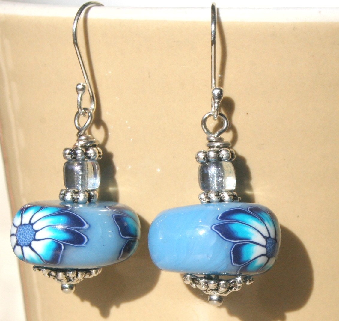 Handmade Blue Earrings with Flower, OOAK