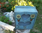 Primitive Blue Cabinet Heart Shab Cottage Shelf Screen Hand Painted Vintage