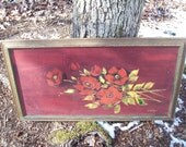 Shabby Red Flowers Roses Oil Painting vintage retro Original Signed