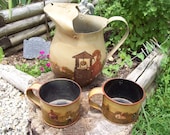 Primitive Art Painted Pitcher 2 Cup Mug Amish Children Shabby Kitchen Vintage
