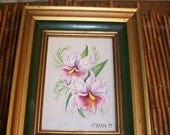 Vintage Painting Pink Flowers Iris Signed McBride 75 Shabby Country