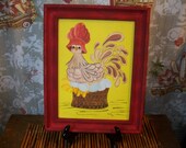 Primitive Country Hen Eggs Basket with Red Hat Signed painting