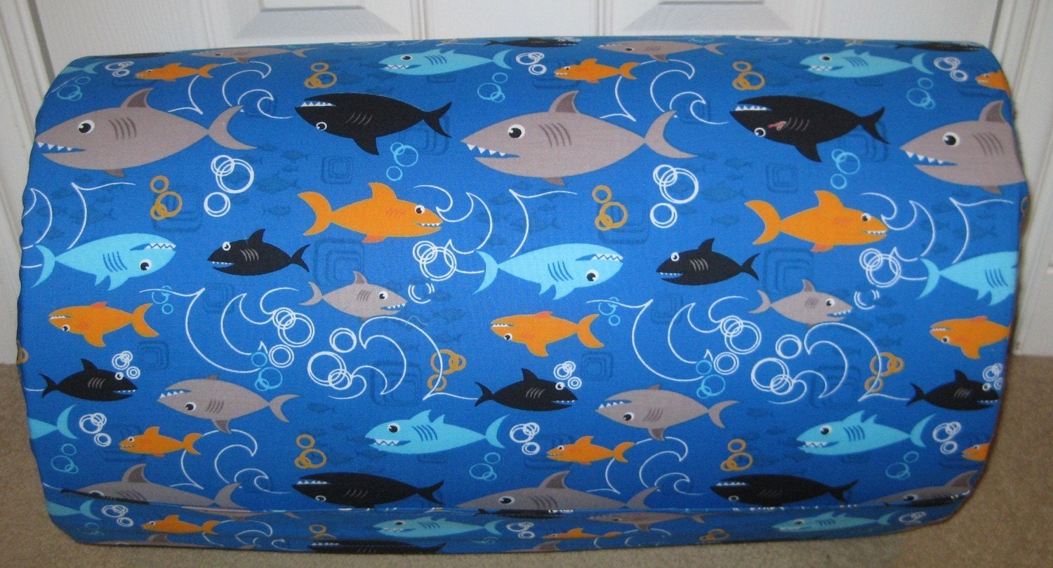 MONOGRAMMED Childrens THICK  COMFY  Nap Mat Pre School Boy Sharks with Attached Cuddle Double Sided Minky Blanket and Pillow
