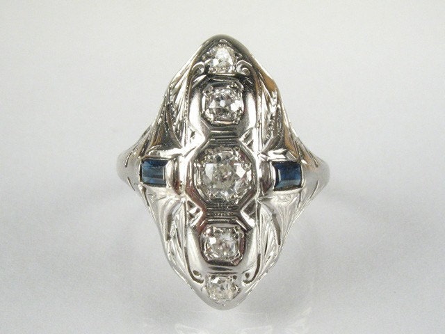 Old European Cut Diamond and Sapphire Ring - 18K White Gold - Antique - 0.33 Carat Diamond Total Weight