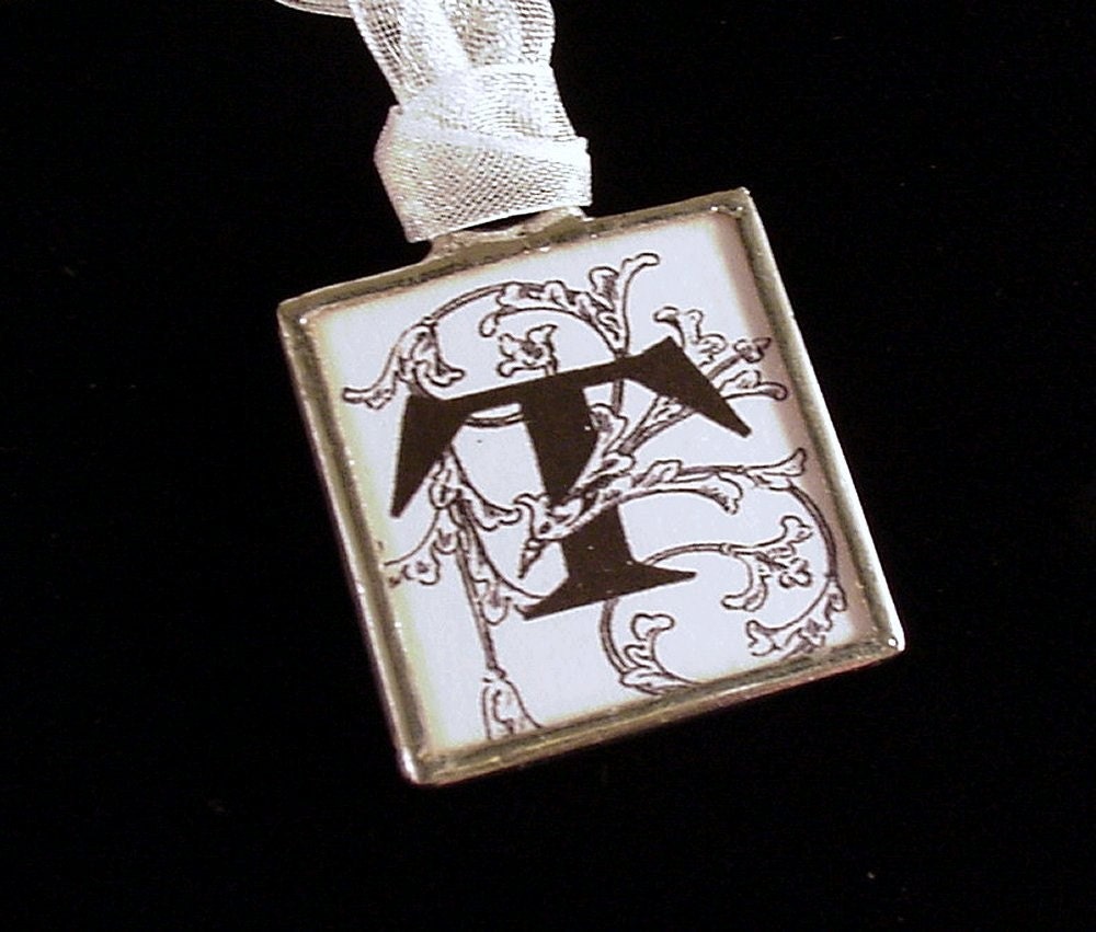 T  Initial monogram letter vintage victorian typeset necklace pendant
