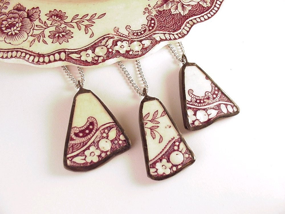 Matching Broken Plate Necklaces purple plum toile Recycled China Broken China Jewelry