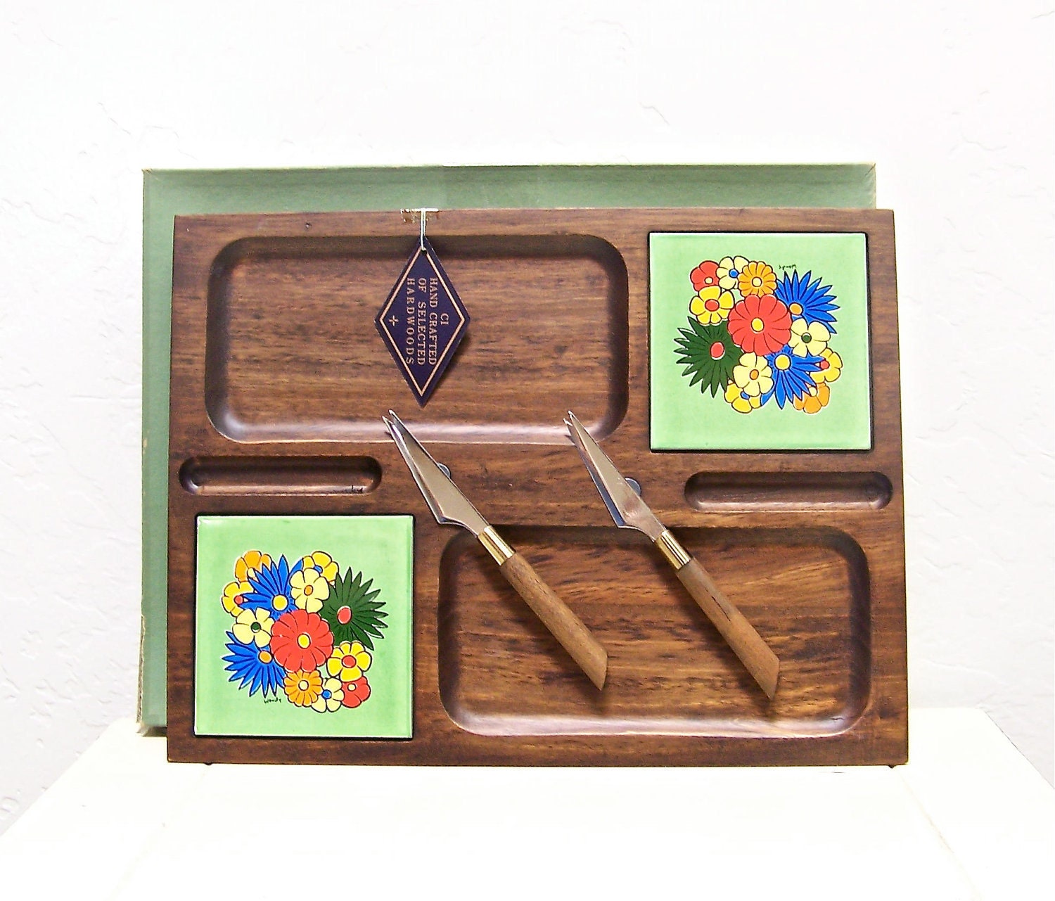 50% off vintage wood hostess tray - walnut with floral tiles, knives, & original box
