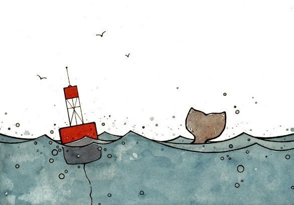 Whale and Buoy watercolor print 5x7