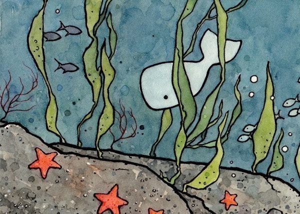 Underwater Whale and Seaweed Illustration - Print 5x7