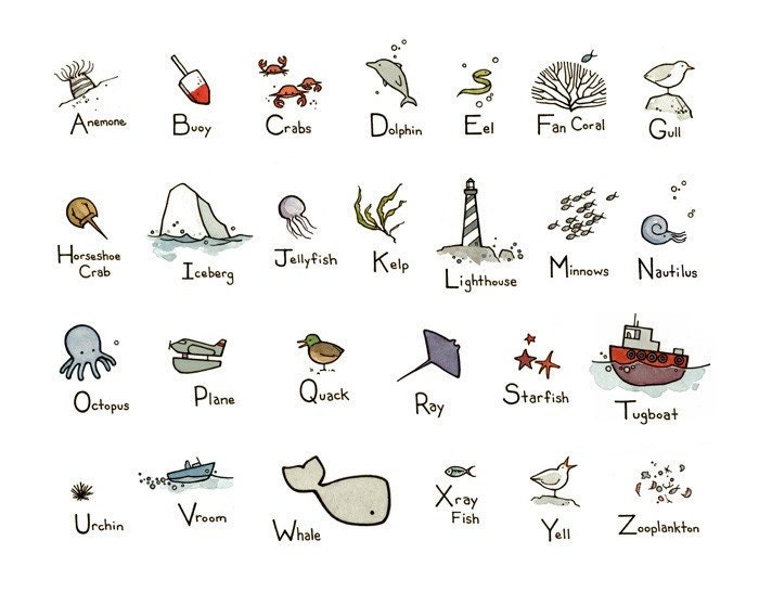 Illustrated Nautical Ocean Alphabet 8x10 Print