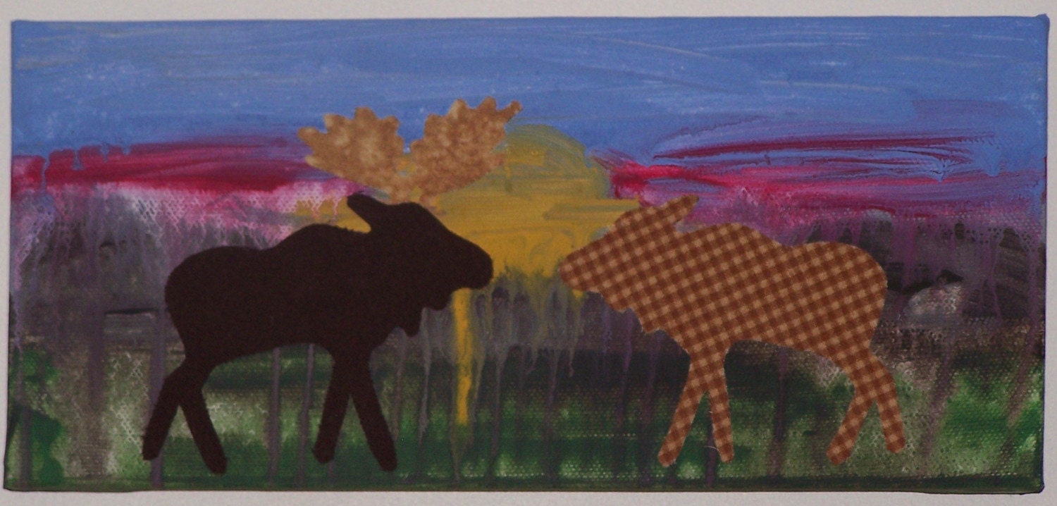 SALE ON ORIGINALS  Art Painting original collage on canvas, moose sunset 12x5 1/2inches by SunnyDaysStudio