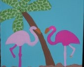 SALE ON ORIGINALS Art Painting Flamingo Love-Original Collage on Canvas coastal 5 1/2 x 5 1/2 inches by SunnyDaysStudio