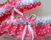 Wedding Garter Set  Hot Pink  With White Polka Dot