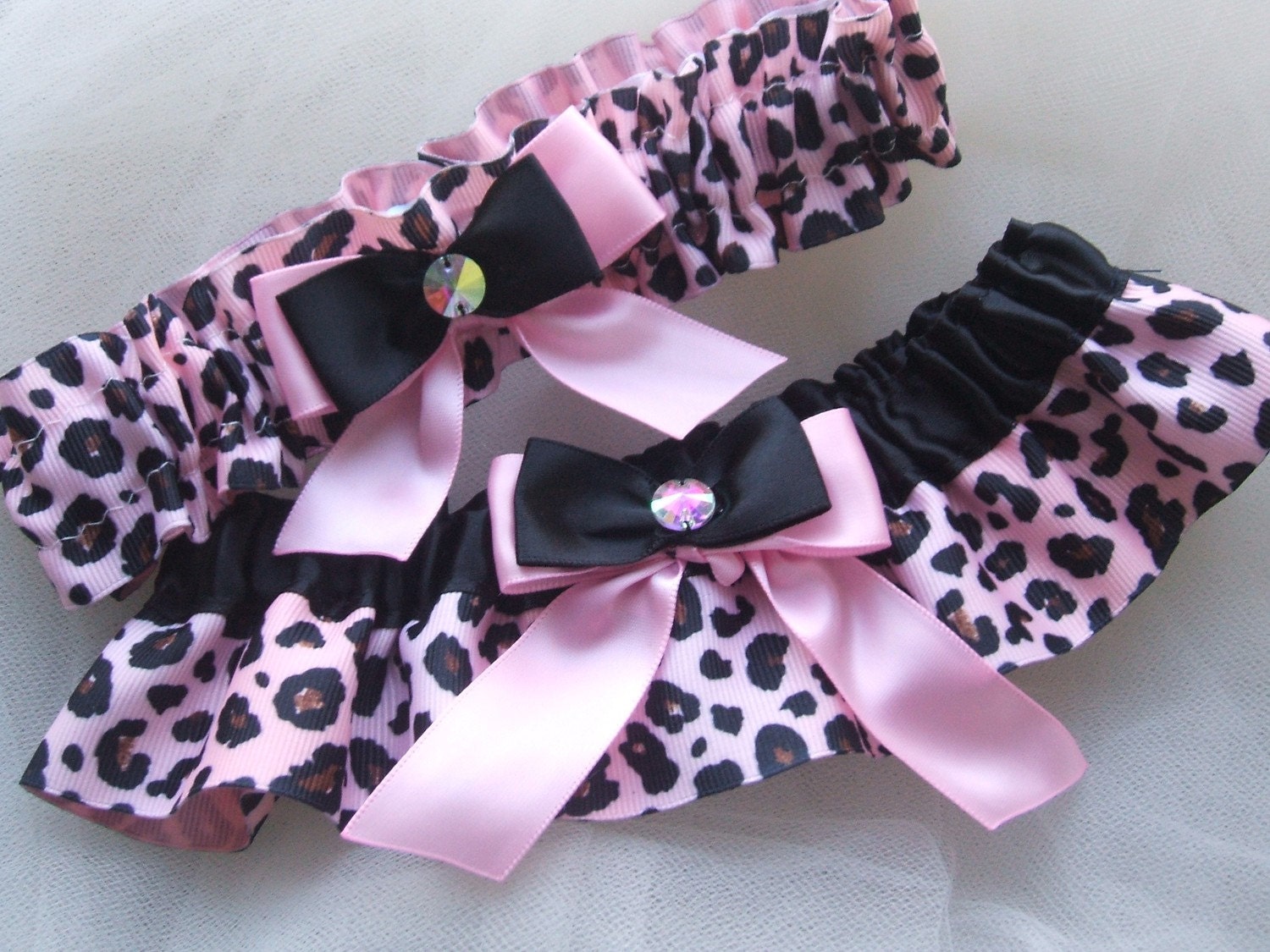 Wedding Garter Set Black Satin with Pink Leopard Print Ribbon