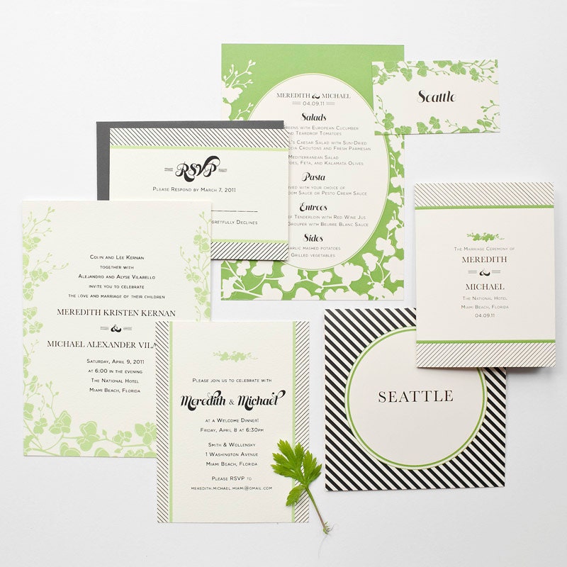 orchid and stripe wedding stationery
