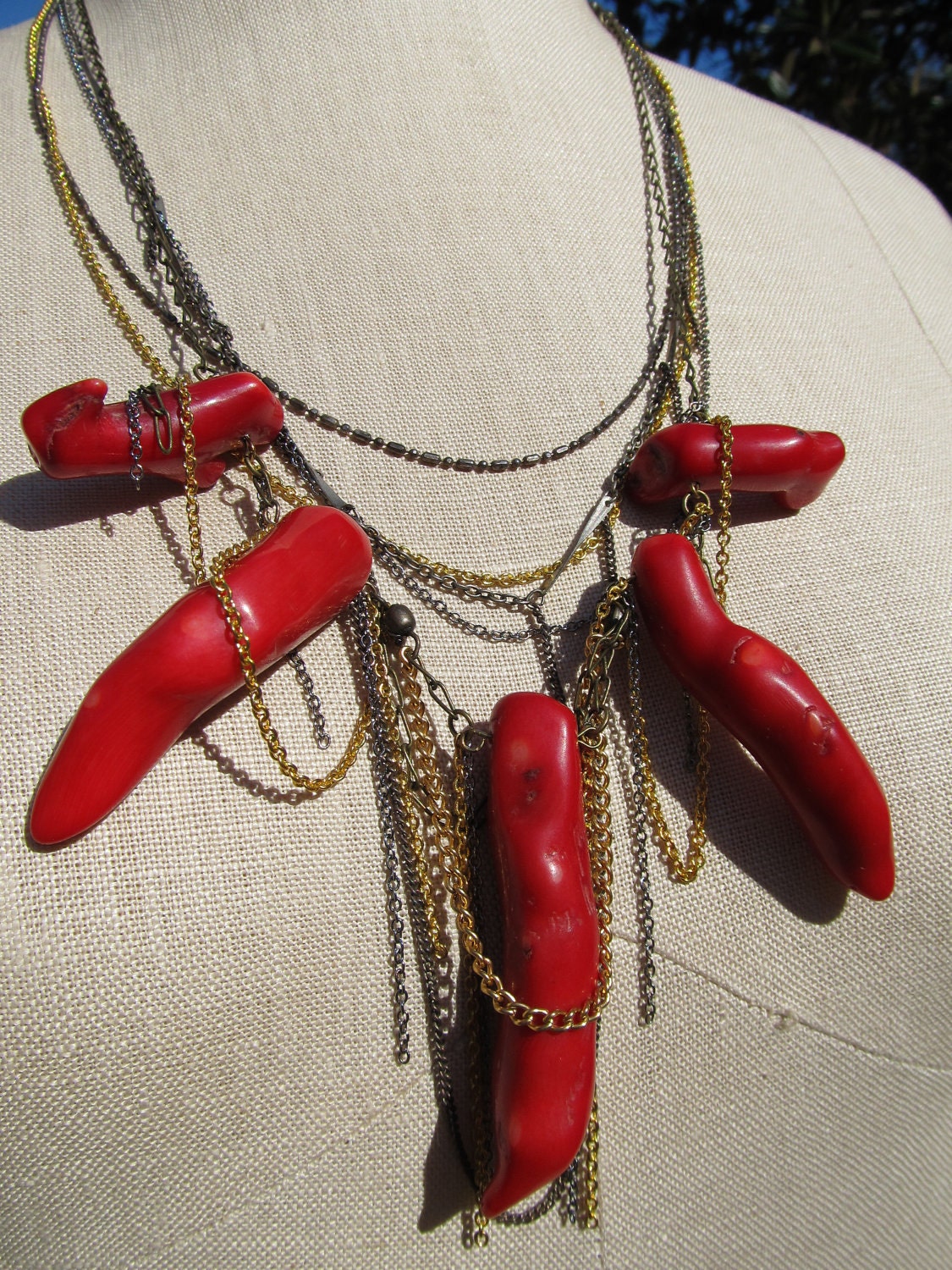 Coral Mutli-Strand, Mixed Metal Statement Necklace